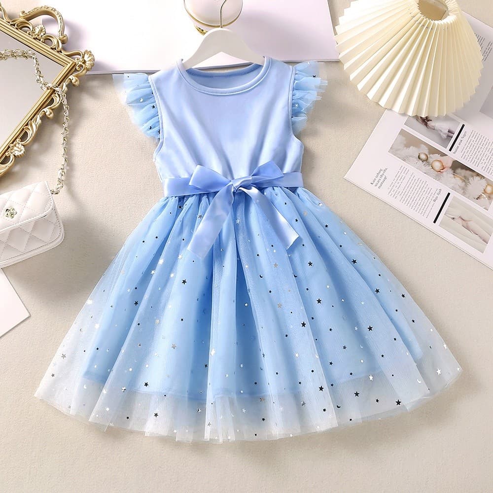Princesa Vestido De Festa Crianças 2-6 Anos Aniversário Moda Rendas Até Verão Doce Estrela Lantejoulas Tule Mangas Mosca