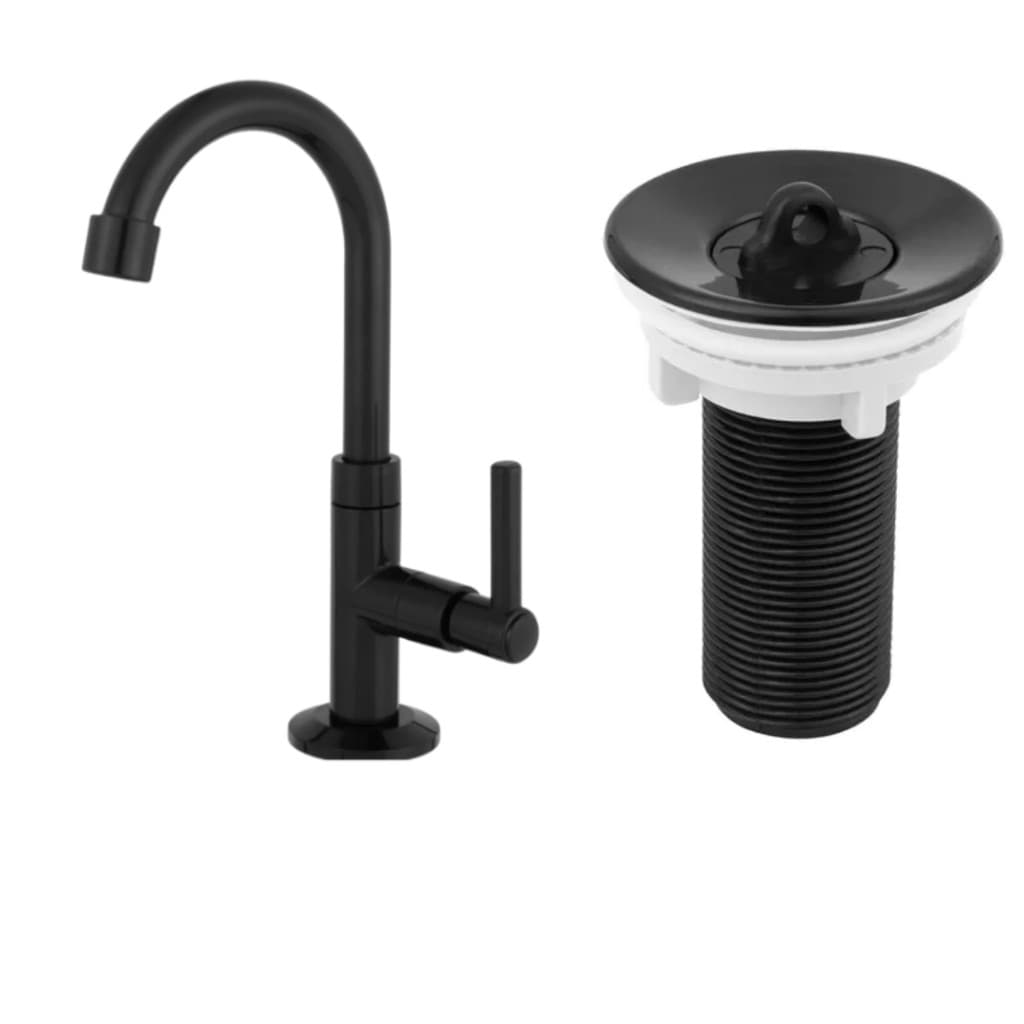 Kit Torneira Lavatorio Banheiro + Valvula Preta Abs