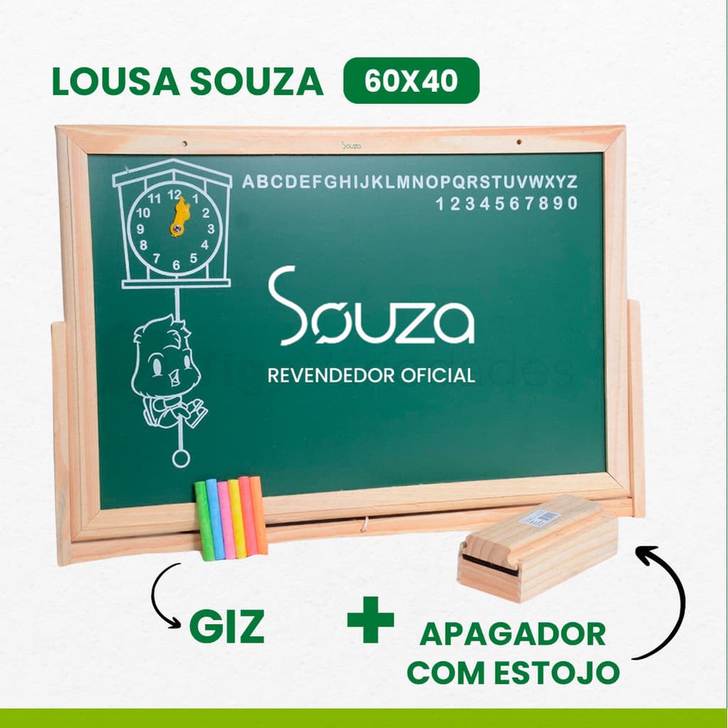 Lousa Quadro Escolar Infantil Com Alfabeto Relógio E Apoio 60x40 Souza Com Porta Giz Apagador E Giz