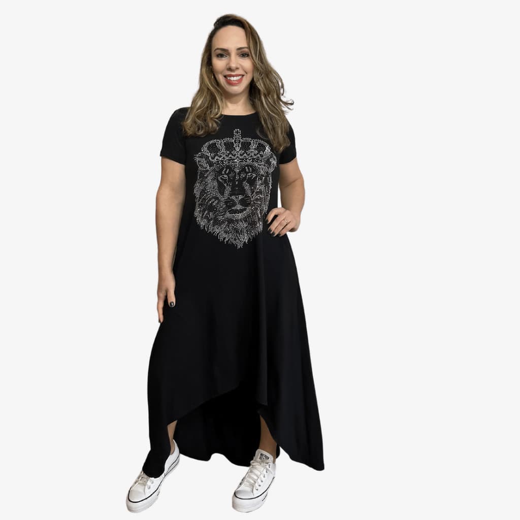 Vestido Mulet em Viscolucra Premium com estampa de Leão Coroa em strass de alto Brilho