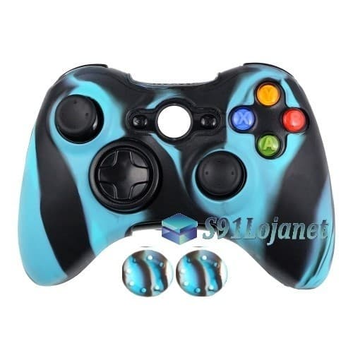 Capa Case Silicone Controle Microsoft Xbox 360 Capinha Protetora Azul Preto + Grip Camo