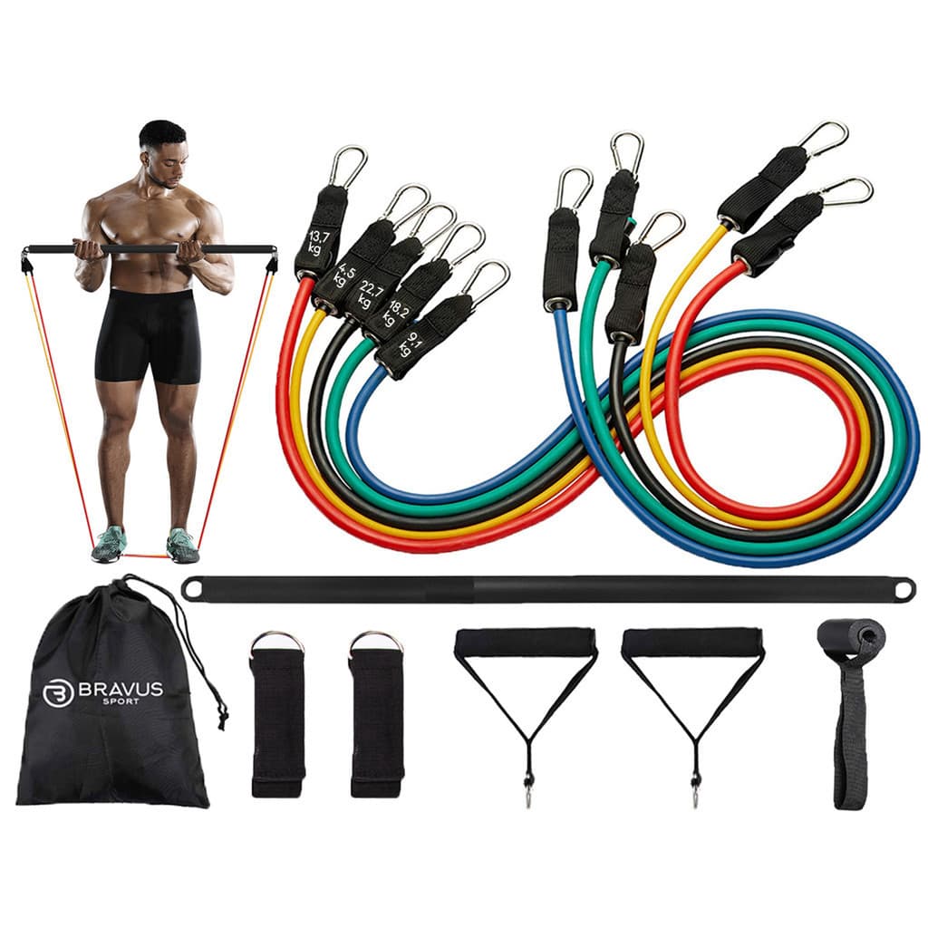 Kit Tubing Pro Elástico Extensor 68kg com Barra de Exercícios Bravus