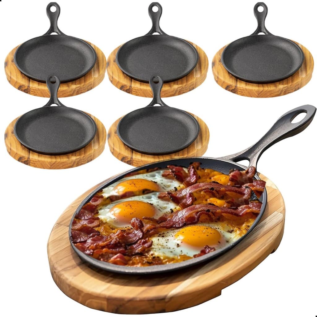 Kit 5 Frigideira Oval Ferro Fundido c/ Suporte Madeira Mix Grill Santana Rústica Servir Porções Bar Restaurante