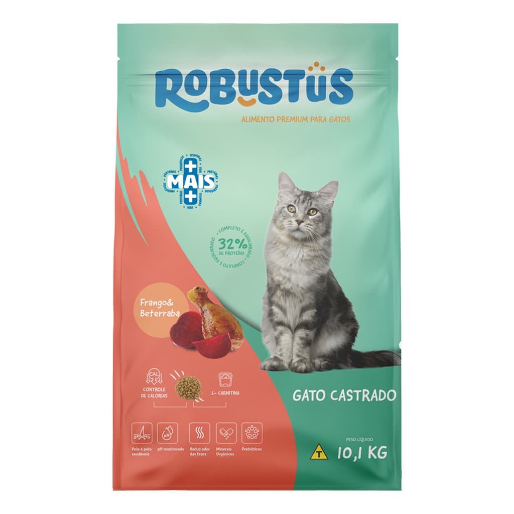 Ração Premium Seca Linha +Mais Balanceada Sem Corante Gato Gatos Castrado Frango 10,1kg Robustus