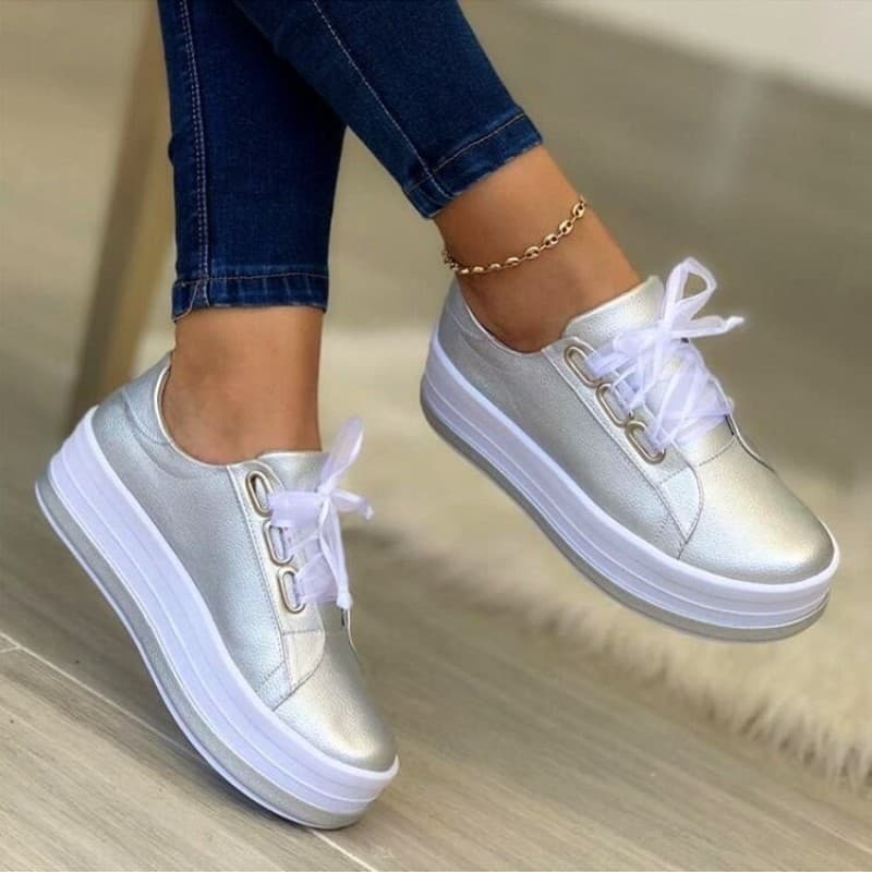 Sapatos De Plataforma Casual Para Mulheres Modaround Toe Lace-Up Sneakers Couro Senhoras Vulcanizados