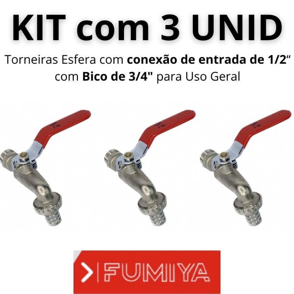 Kit com 3 Torneiras Esfera para Jardim/Tanque 1/2" X 3/4 de Metal