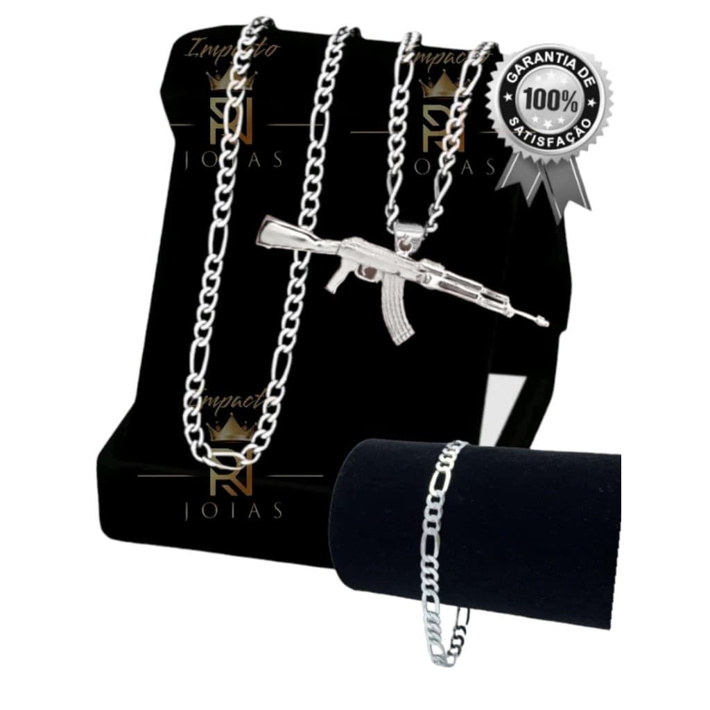 Kit Corrente e Pulseira masculino c\ Pingente Ak47 Corrente Banhada a Prata 925 + pulseira rn001