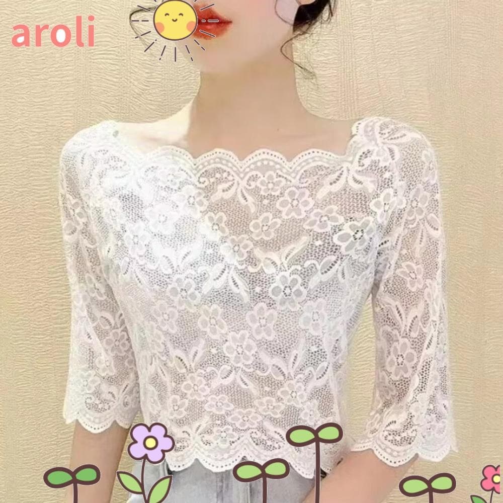 Blusa AROLI De Meia Manga , Blusas Recortadas Femininas Bordadas Transparentes , Pulôver De Renda Com Gola De Uma Palavr