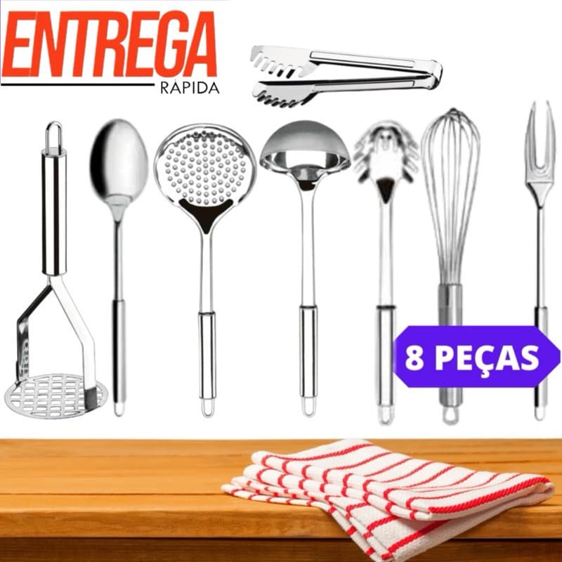 Kit Utensílios de Cozinha 8 Peças 100% Aço Inox Concha Escumadeira Pegador Colher Garfo Fuet Pegador e Amassador
