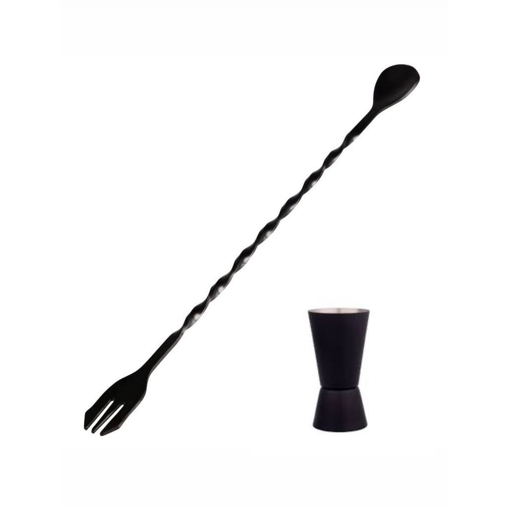 Kit 2pçs Dosador E Colher Bailarina Barman Drinks Mexer Coquetel Aço Inox Preto