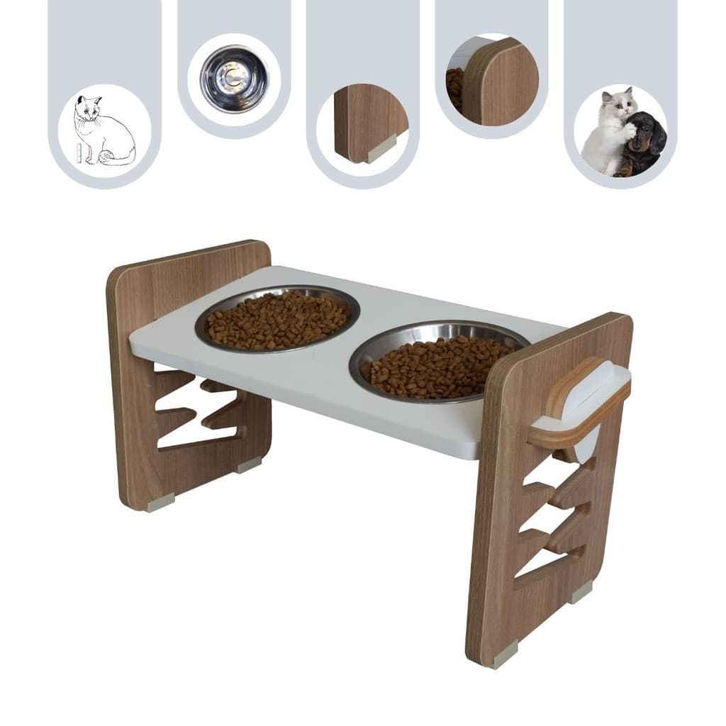 Comedouro Gato Cachorro Ergonômico Ajustável Pet MDF Zig-Zag Unitário Duplo - Inox