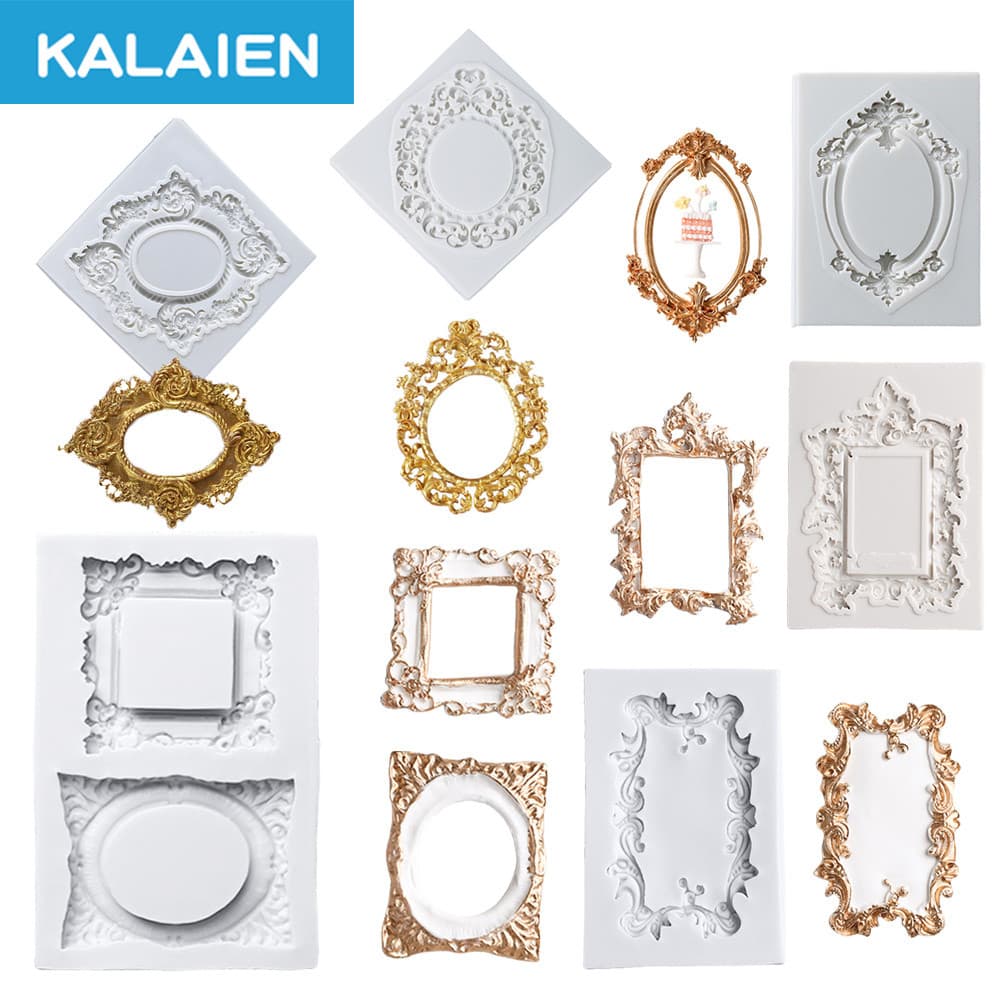 KALAIEN Molde de Silicone para Fondant com 7 Padrões Estilo Europeu, Moldura de Espelho, Padrão Retro, Múltiplos Padrões