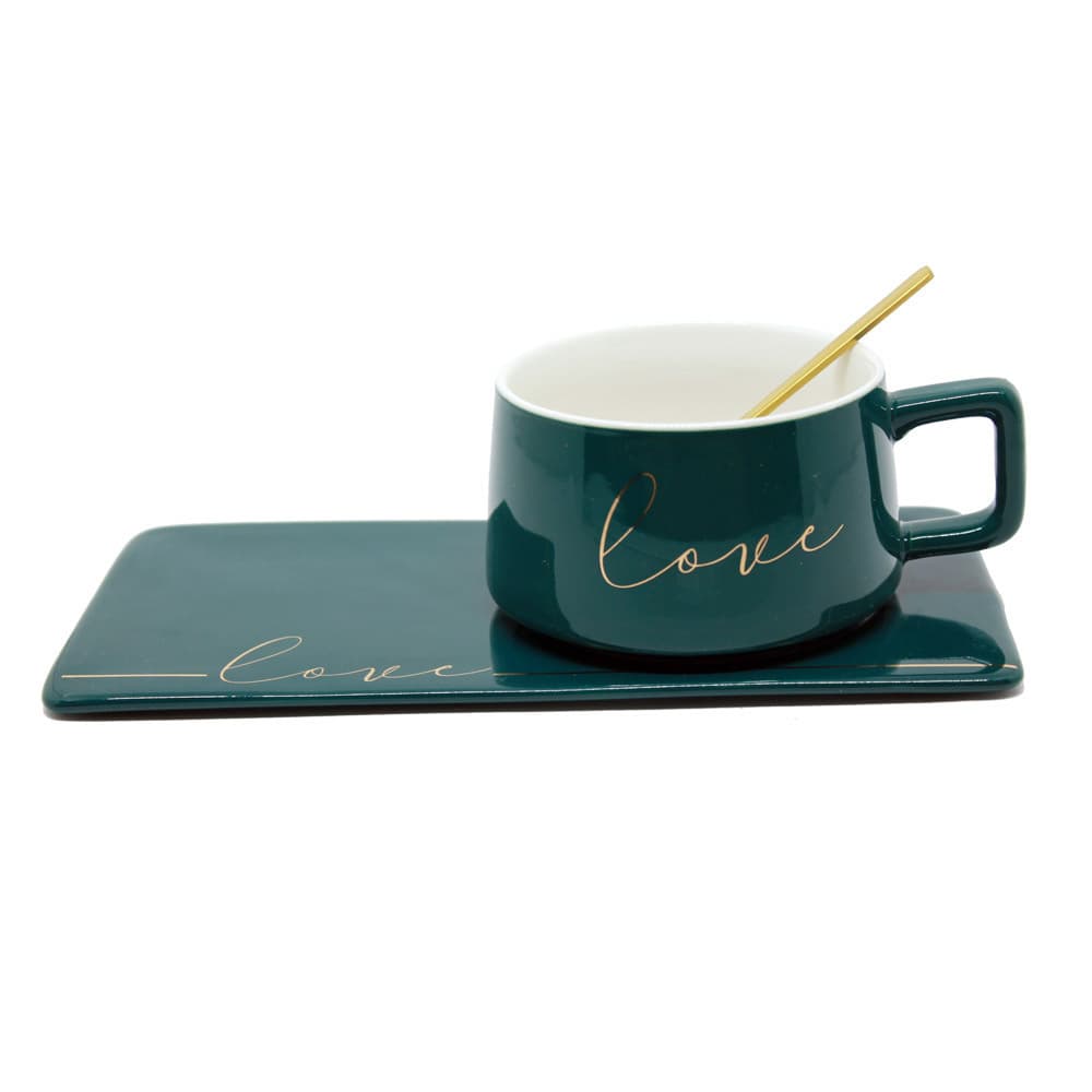 Kit Xícara c/Travessa Porcelana Verde Love e Colher Dourada