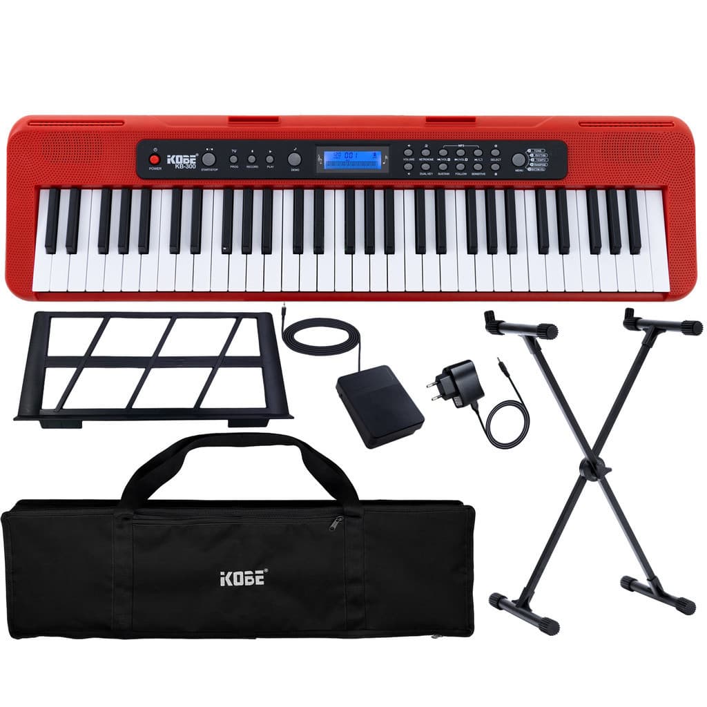 Kit Teclado Musical Kobe KB-300 5/8 61 Teclas com Sensibilidade com Pedal Sustain, Capa e Suporte