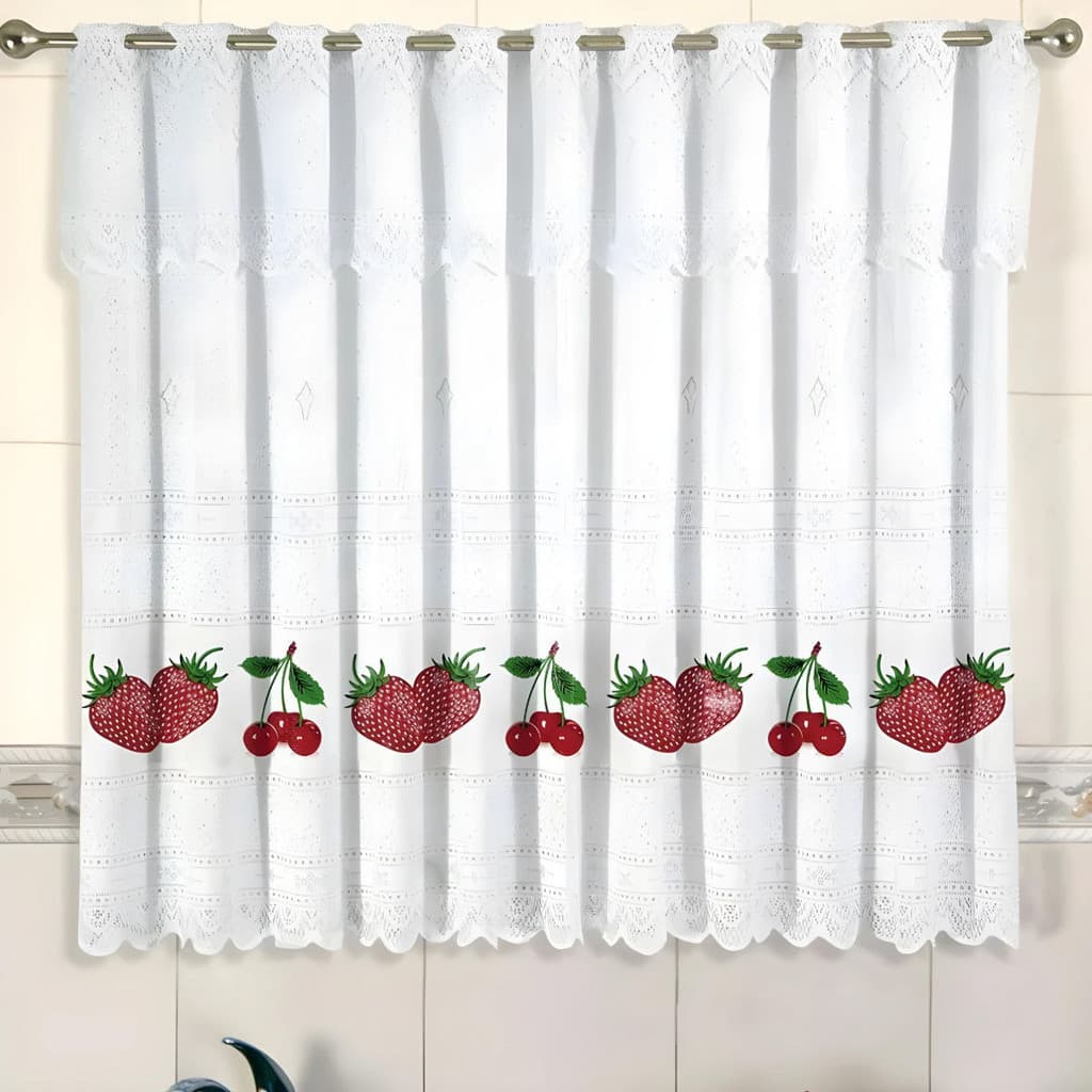 Cortina de Renda - Copa e Cozinha - Bartolini Morangos e Cerejas 2.20m x 1.20m P/ Varão Cortilester