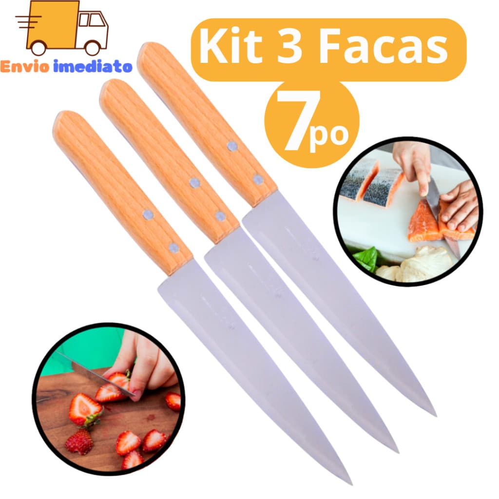 Kit 3 Faca De Cozinha 7'' Aço Inox Do Chef 30CM Com Cabo De Madeira Para Cortes Para Restaurante Churrasco Cozinha