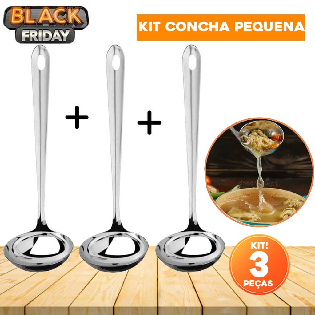Kit com 3 Conchas de Cozinha em Aço Inox - Pequenas para Servir Molho, Feijão, Sopa e Caldos