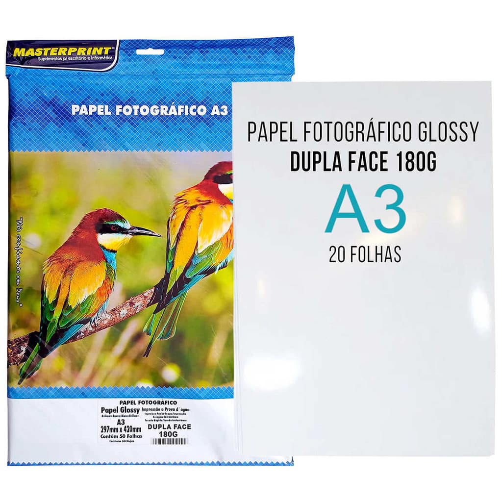 Papel Foto Dupla Face A3 180g Glossy Branco Brilhante Masterprint Pacote com 20 folhas