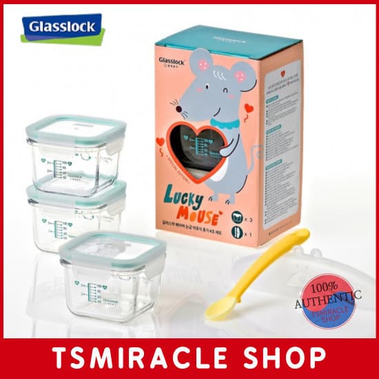 Glasslock Baby Lucky Mouse Recipiente De Comida Para Bebê De Vidro Quadrado 210ml 3P + Conjunto De Colher