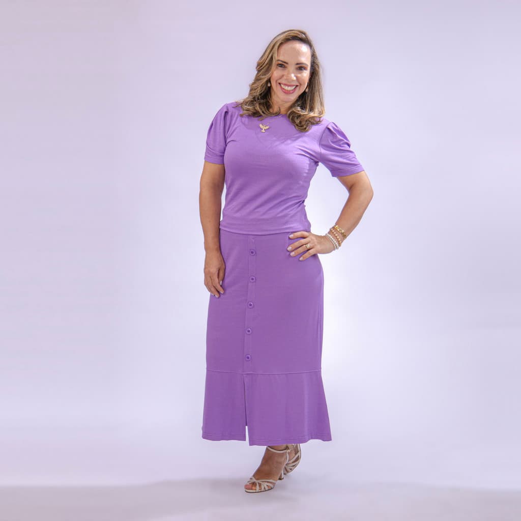 Conjunto Feminino de Blusa e saia com Botões em Moletinho Vicenza Ester