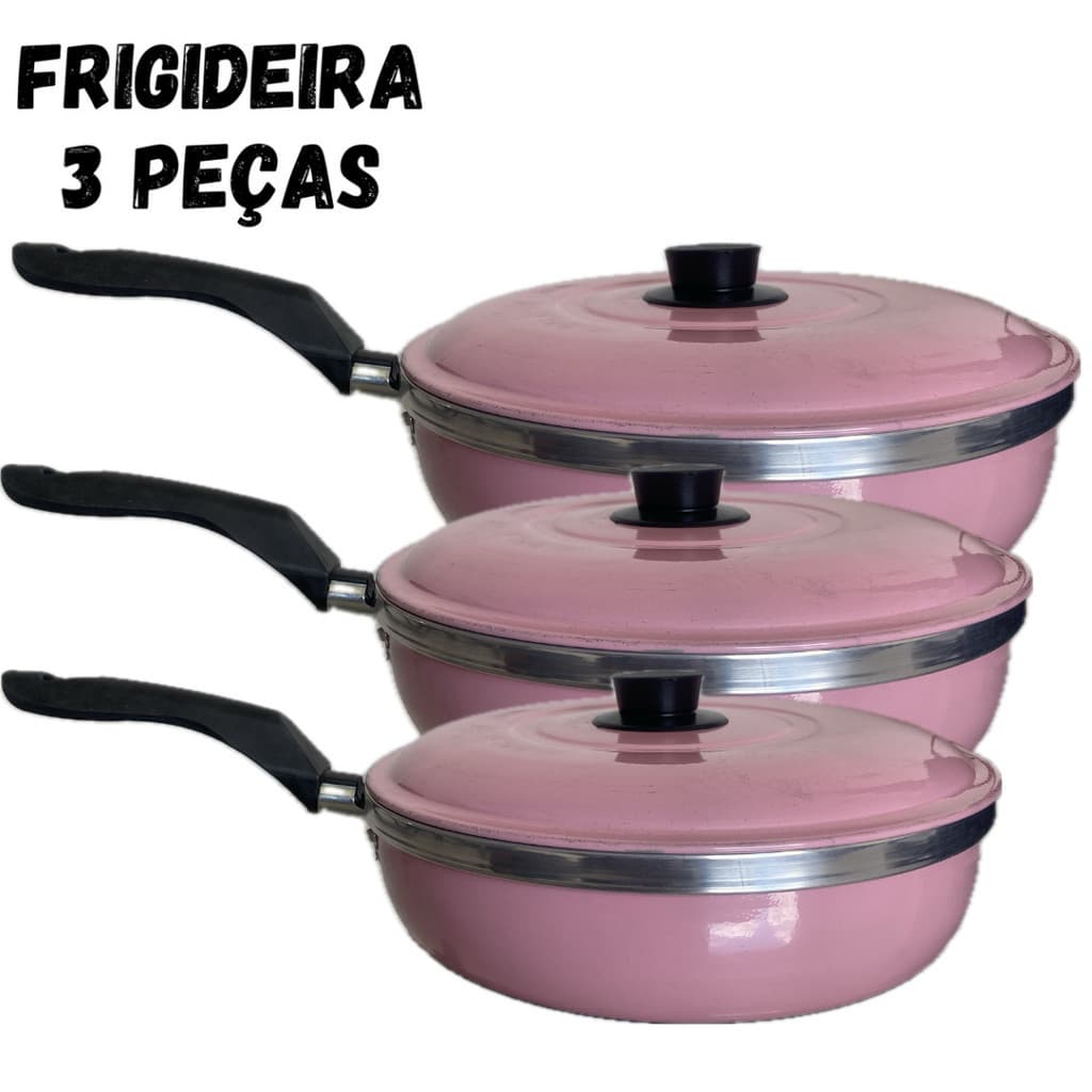 Jogo Kit De Frigideiras 3 Peças Na Cor Rosa Com Tampa N.º  22 20 18