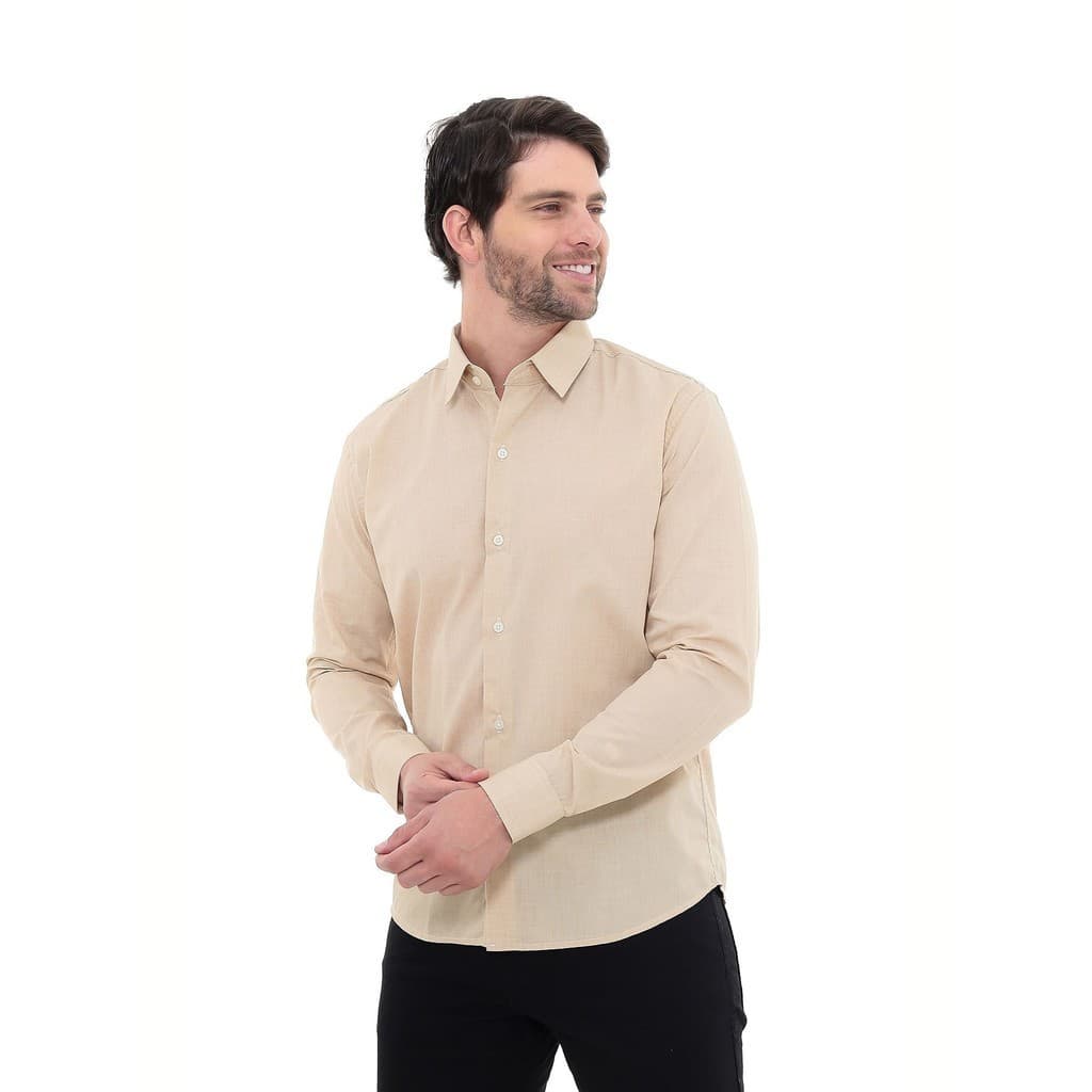 Camisa Social Masculina Premium Tipo Linho Bege