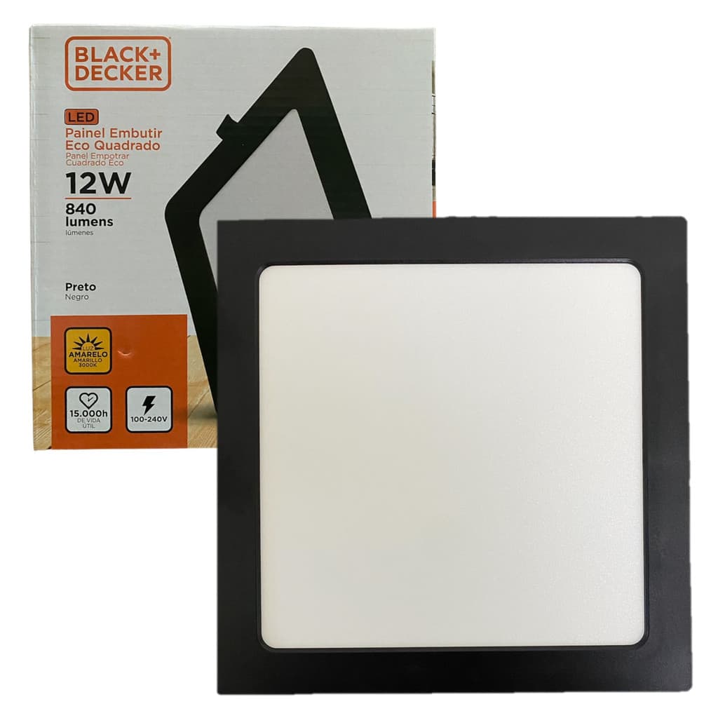 Kit 2 Plafon Quadrado Embutir 12w Preto Branco Quente 3000K