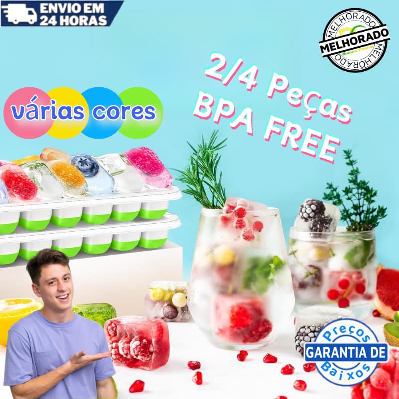 Kit 2/4Formas De Gelo Silicone Com Tampa Multiuso Lavável Rígida Flexível Fundo 14 Cubos