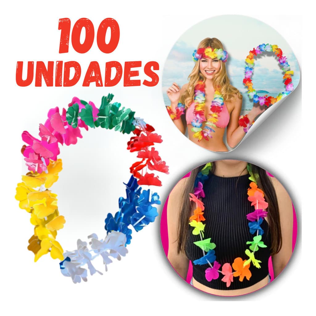 Kit 100 Colar Havaiano Flor Festa Carnaval Fantasia Atacado