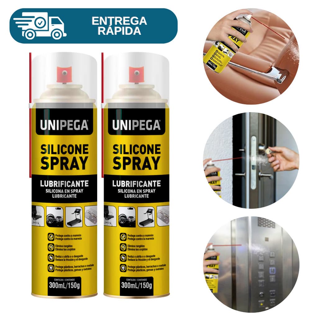 Kit 2 Silicone Spray Lubrificante 300ml Unipega Multiuso Protege Elimina Rugidos Brilho Couro Carro