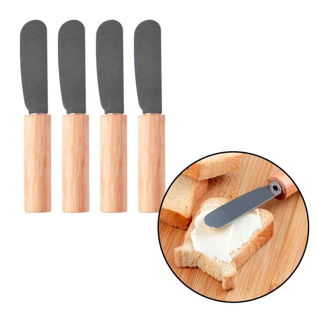 Conjunto 4 Mini Espátulas De Manteiga Patê Geleias Aço Inox e Cabo Madeira 10cm