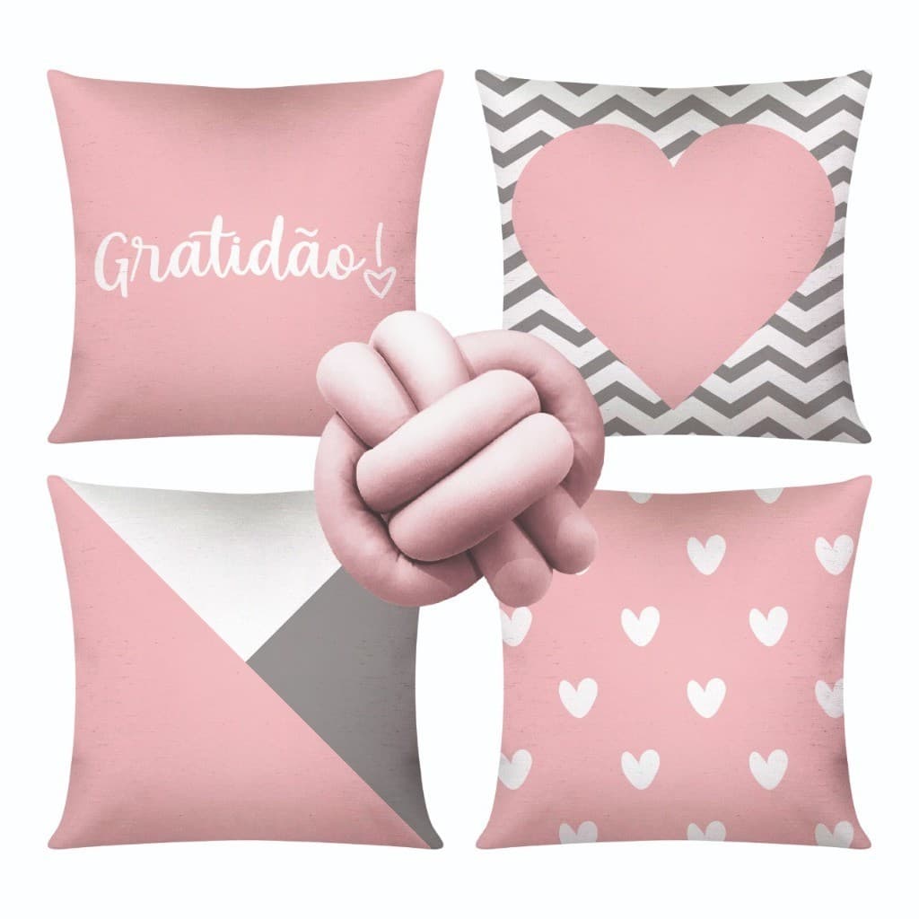 Kit c/ 04 Capas de Almofada Modernas Decorativas 45x45 + 1 Almofada de Nó - Gratidão Coração