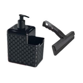 Porta Detergente Sabão Dispenser 2 em 1 Com Suporte Para Bucha Esponja e Rodo Preto Branco Rattan