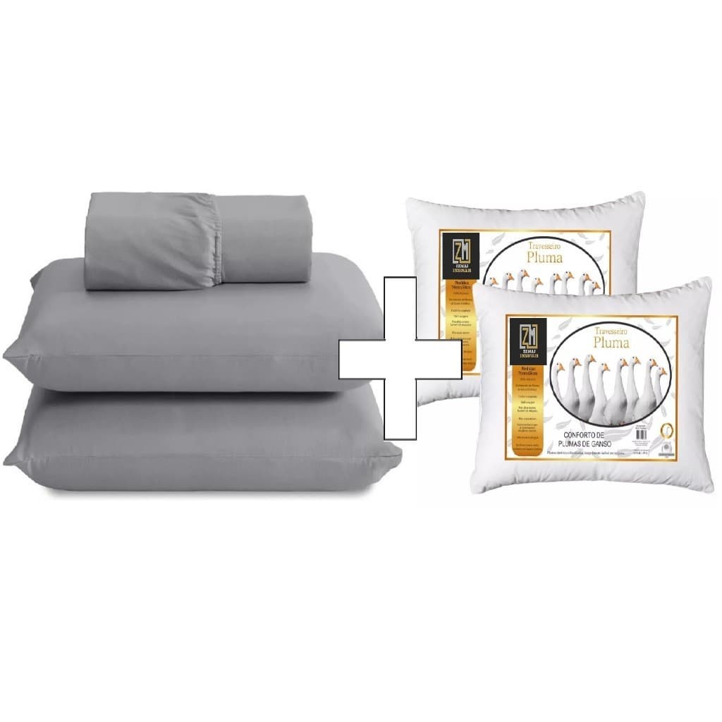 Kit Jogo de Lençol Casal 400 Fios com Elástico + 2 Travesseiros Pluma de Ganso