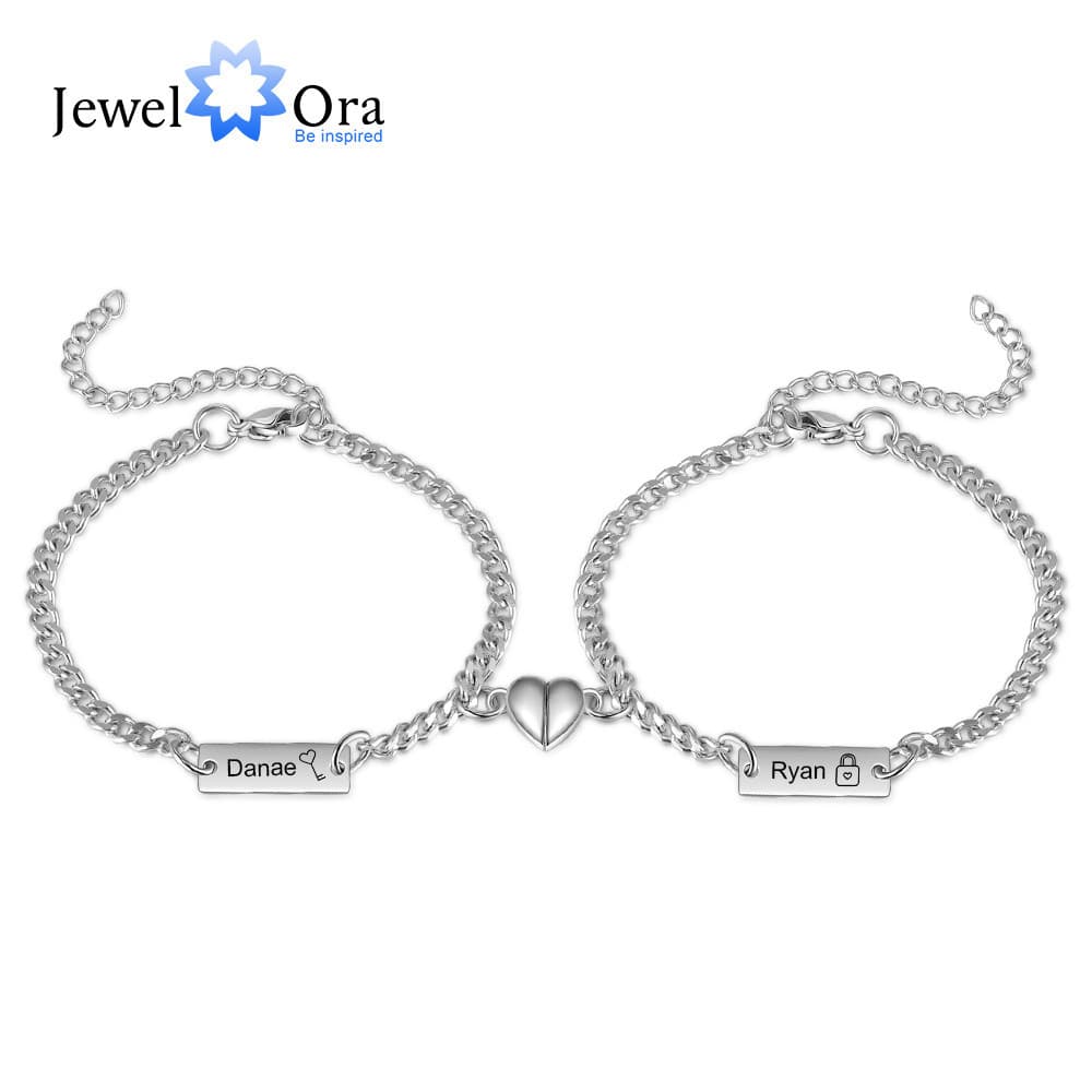 2Pcs/Set Nome Personalizado Pulseira De Casal Aço Inoxidável Prata Coreana Magnética De Aniversário Em Forma De Coração Para Namorado/Namorada