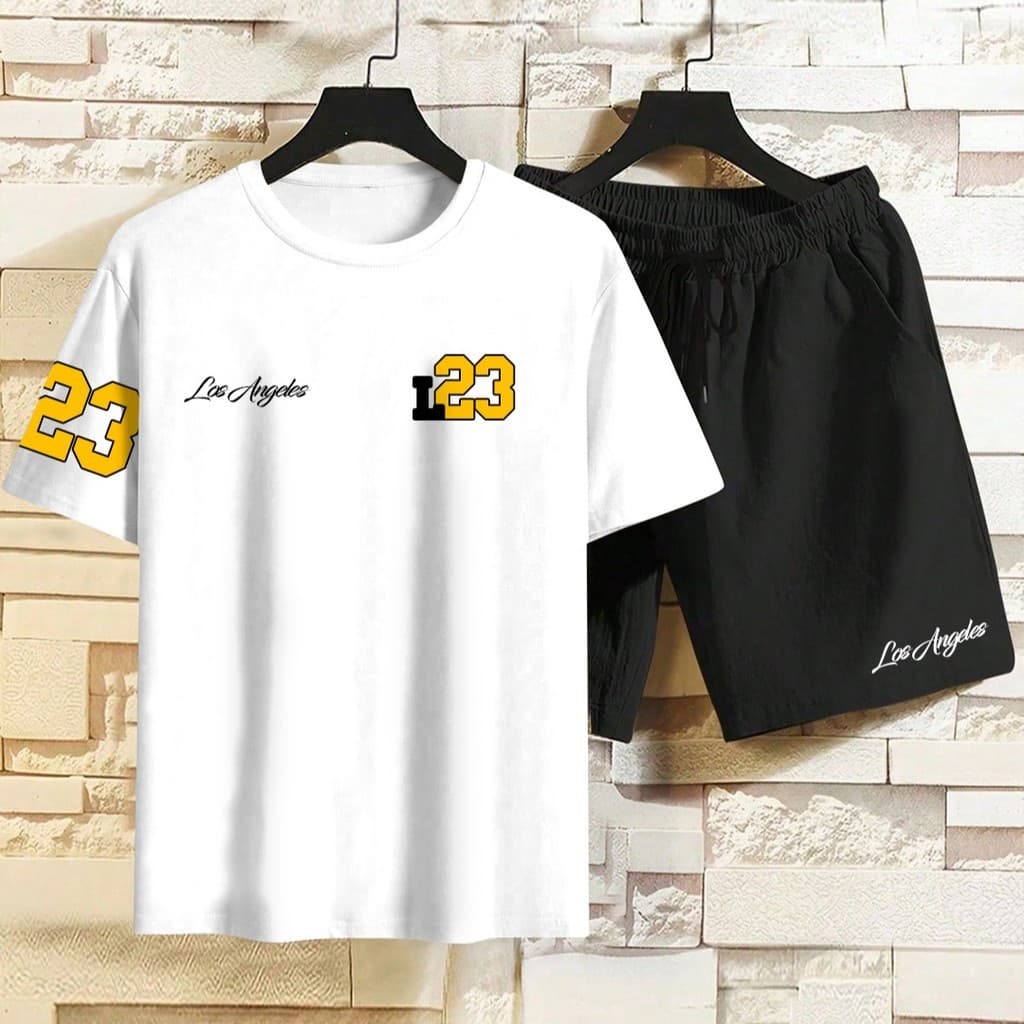 Conjunto Masculino Camiseta Streetwear Masculina + Bermuda Tactel Estampada Los Angeles 23 Kit