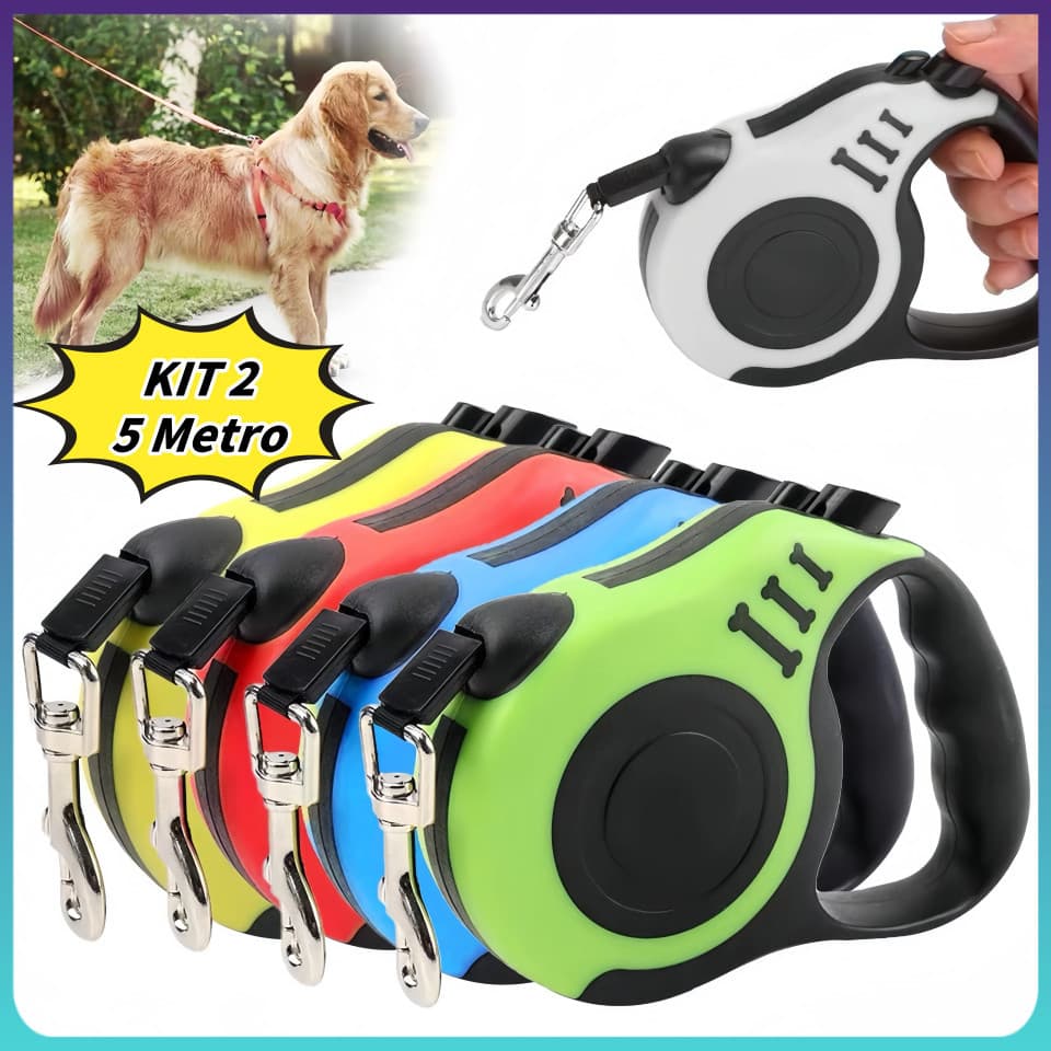Coleira Guia Retrátil 3/5 Metros Pets Cachorro Cães Gatos Resistente Com Trava Até 11.33kg