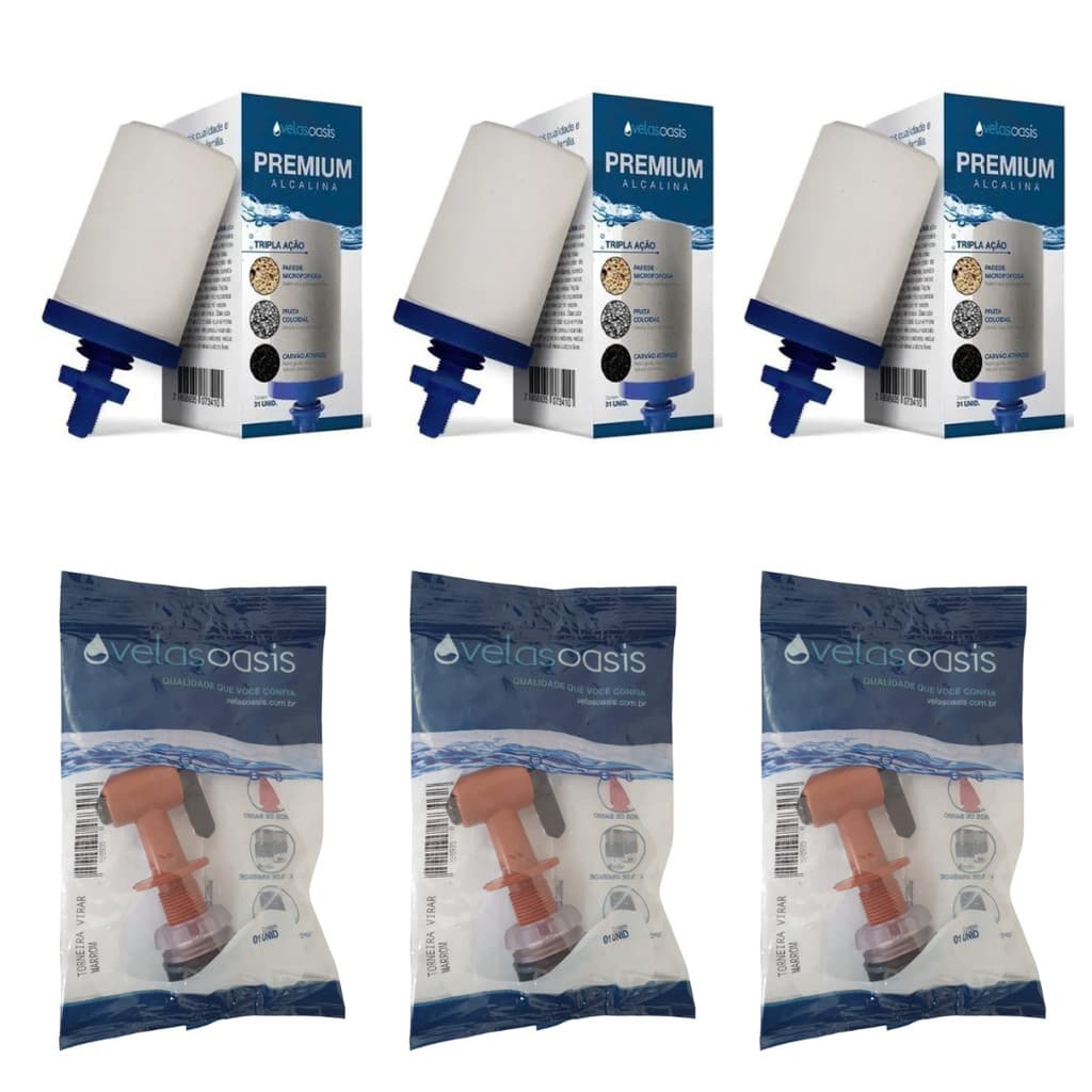 Kit 03 un Vela Oásis Água Alcalina Tripla Ação Prata Coloidal + 03 un Torneira Oasis De Virar