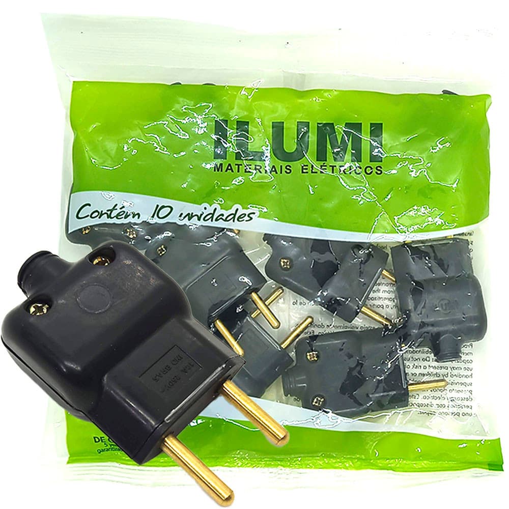 Plug Macho com Prensa Cabo 2 pinos de 10a para Extensão Tomada Kit 10 unidades