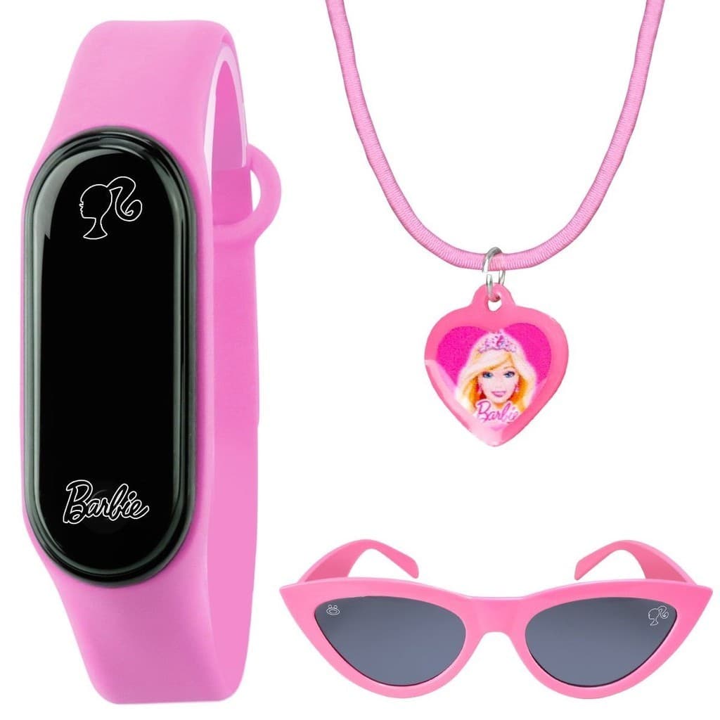 Relogio infantil barbie digital + oculos proteção uv + colar prova dagua criança rosa presente