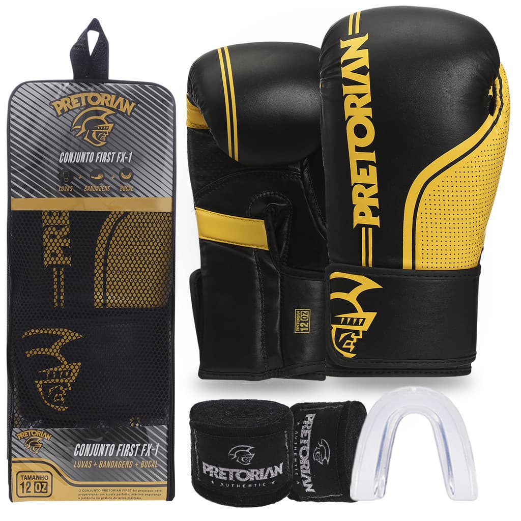 Kit Luva de Boxe e Muay Thai First FX1 + Bandagem + Protetor Bucal Pretorian