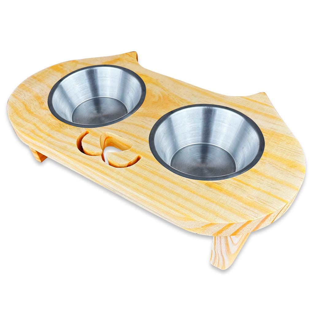 Comedouro Pet Bebedouro Madeira Gato Elevado 2 Pote Inox - CARA DE GATO