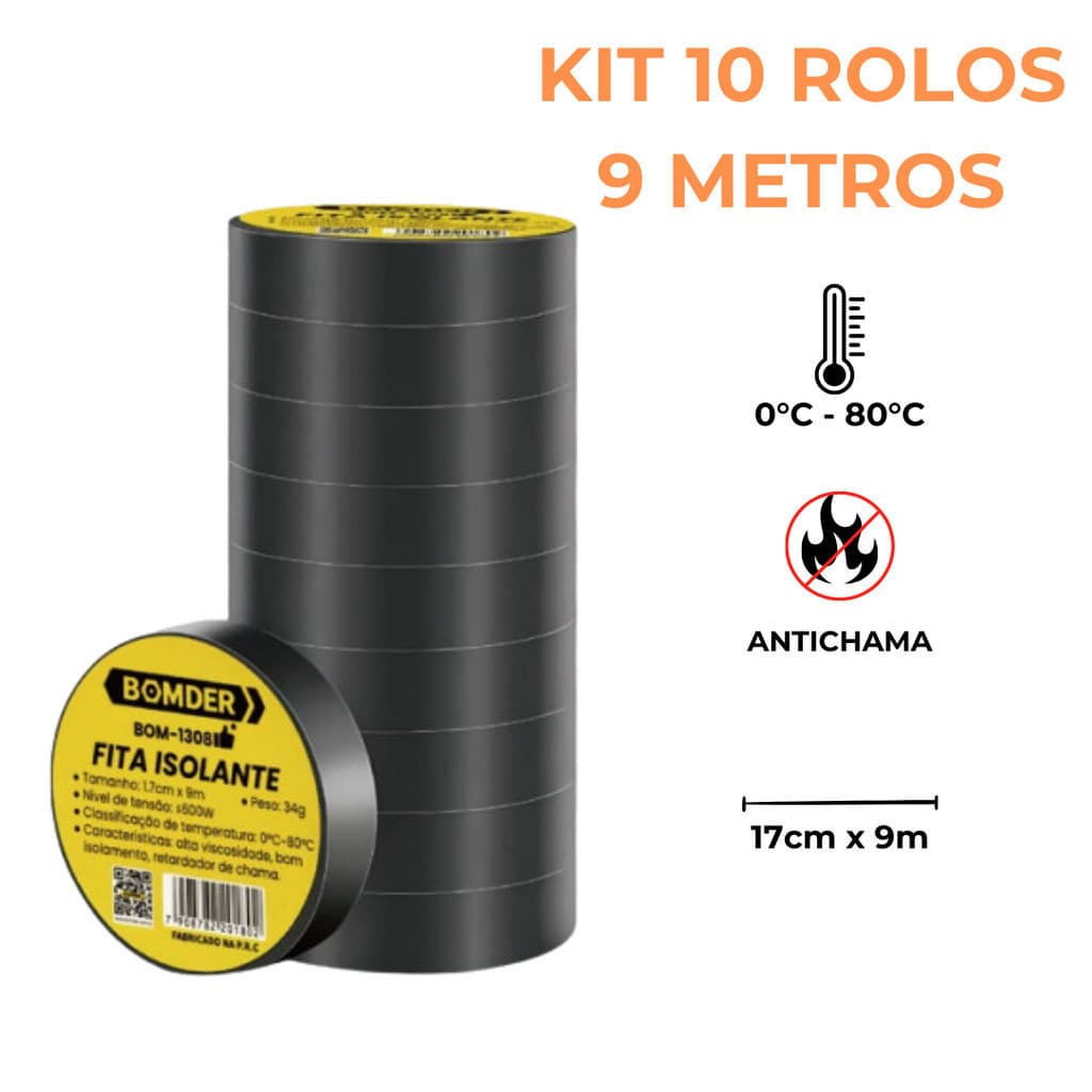 Kit Fita Isolante 10 Unidades Antichama 9 Metros PVC Preta