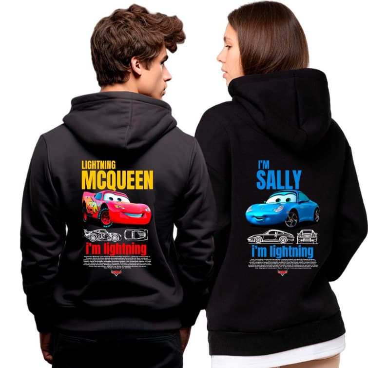 Kit Casal Blusa Moletom Casaco De Frio Flanelado Premium Canguru Sally e Relâmpago Mcqueen