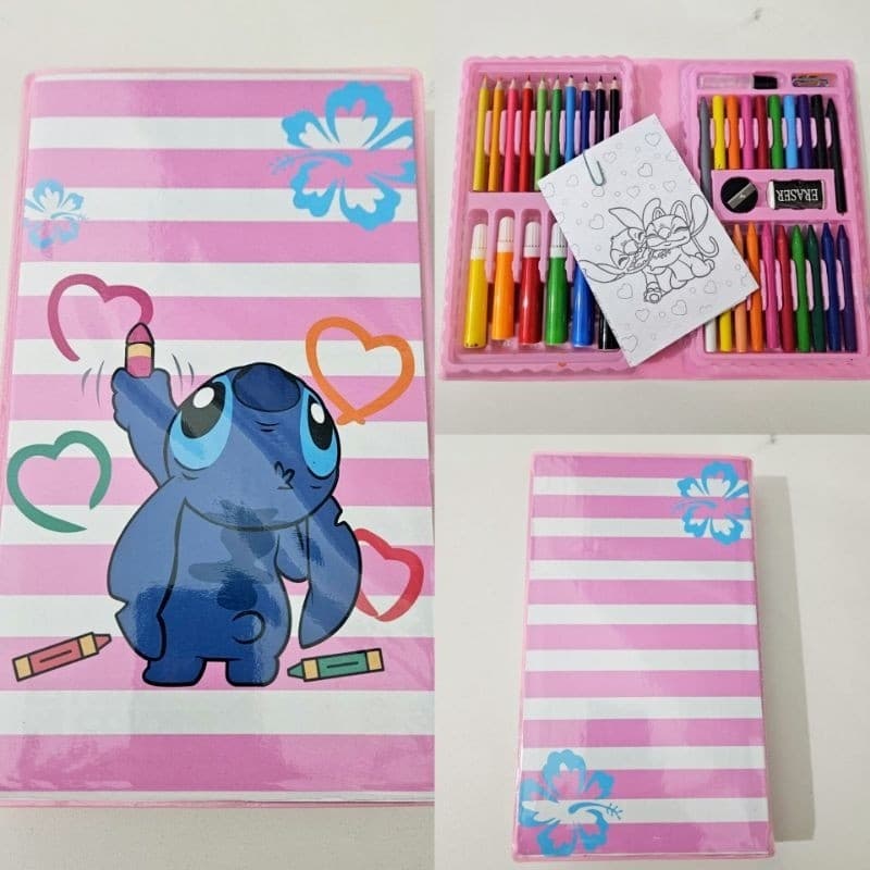 Estojo Escolar Maleta Pintura Stitch 48 Peças Infantil Canetinhas Giz Lápis kit Volta as Aulas