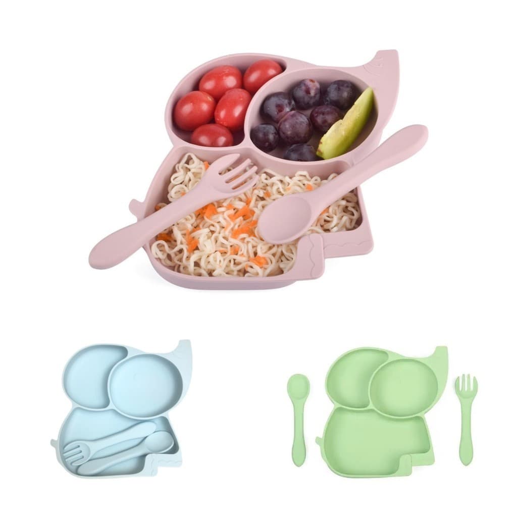 Prato Infantil Elefante Divisórias Ventosa Talheres Silicone Introdução Alimentar