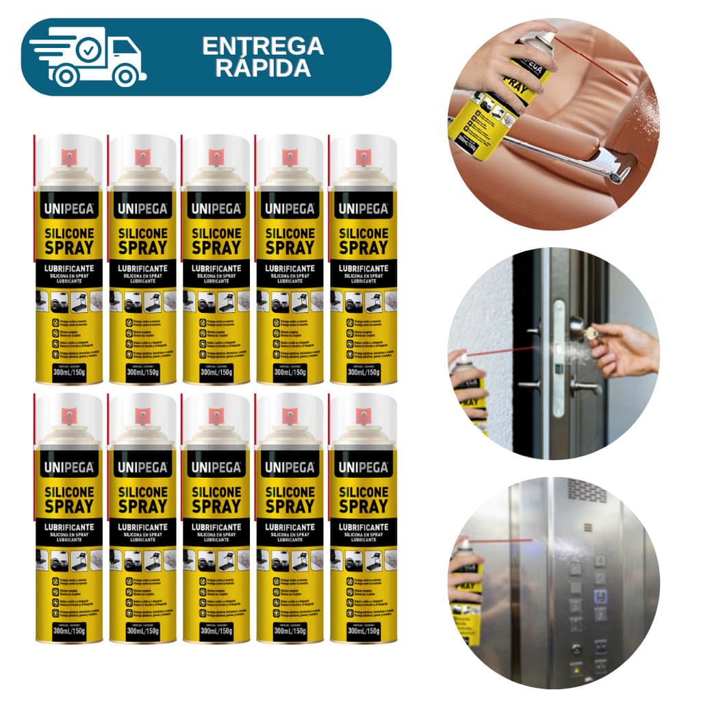 Kit 10 Silicone Spray Lubrificante 300ml Unipega Multiuso Protege Elimina Rugidos Brilho Couro Carro