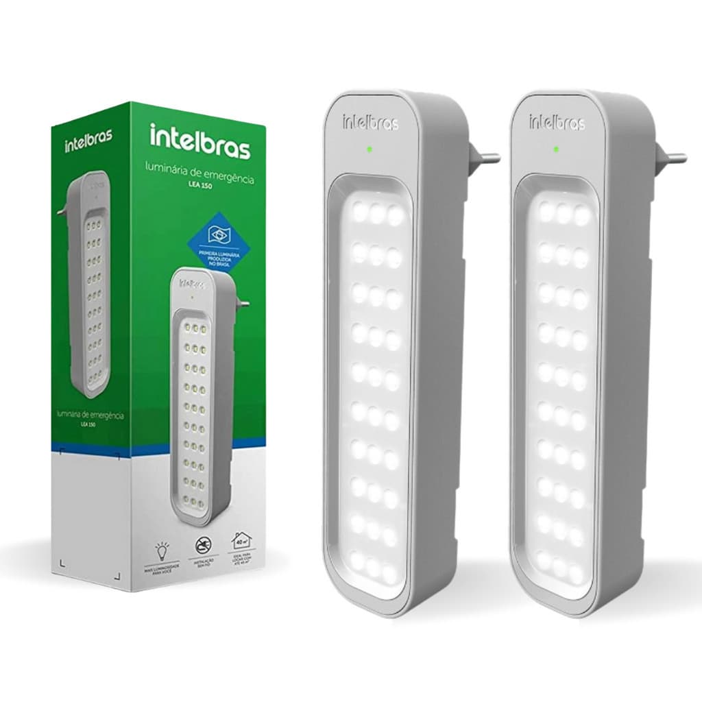 Kit Com 2 Unidades Luz de Emergência Luminária Lea 150 30 LEDs Bivolt 1w Lítio Intelbras Super Slim