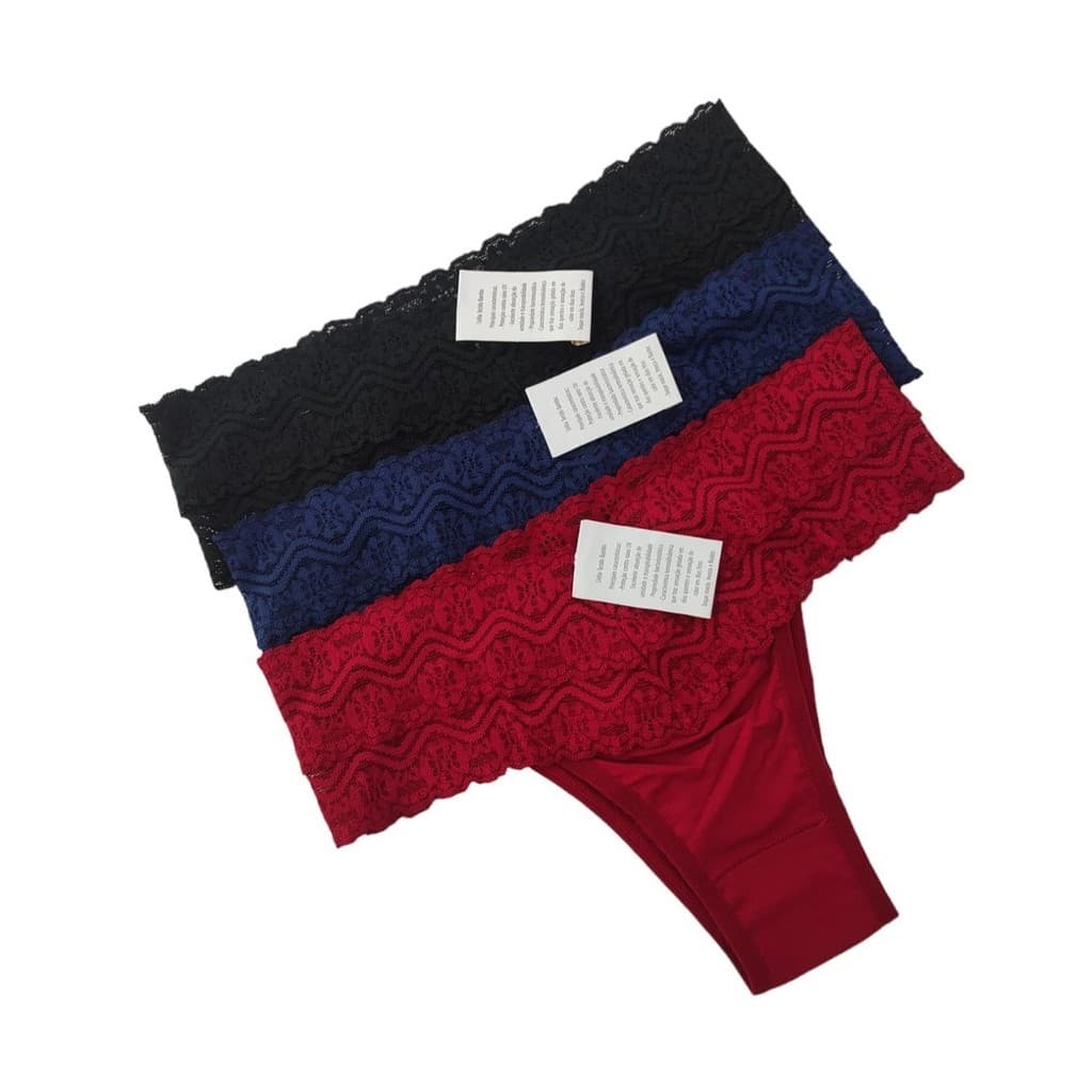 Kit 3 Calcinhas Tanga Cós Duplo de Renda em Fibra de Bambu