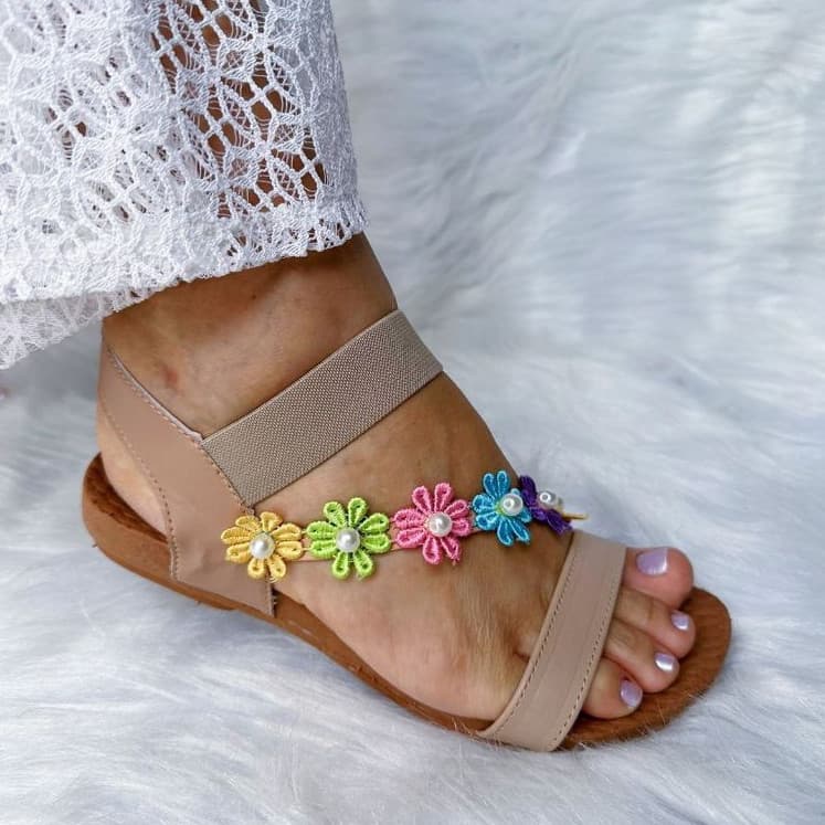 Sandália Feminina Rasteira Tira Flor Elastico Com Traseira Confort Barata Envio Imediato Promoção REF 203